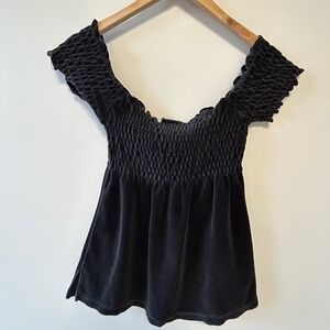 Y2K Black Off The Shoulder Smocked Size Medium Top Velvety Terry Cloth Ruching